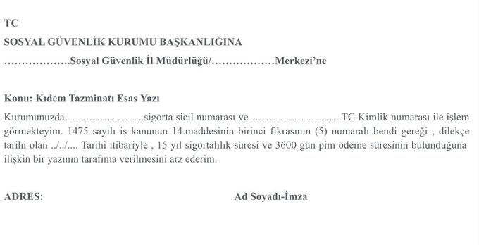 Yaş dışında emekliliğe bağlı kıdem tazminatı talep edebilmek için Sosyal Güvenlik Kurumu'na verilmesi gereken dilekçe örneği. 